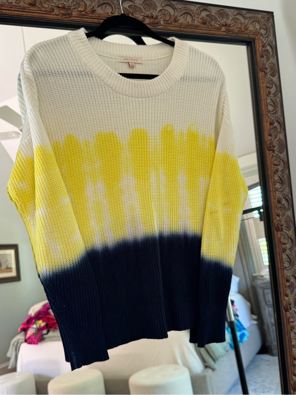 Skies Are Blue White, Yellow & Navy Colorblock Crewneck Sweater